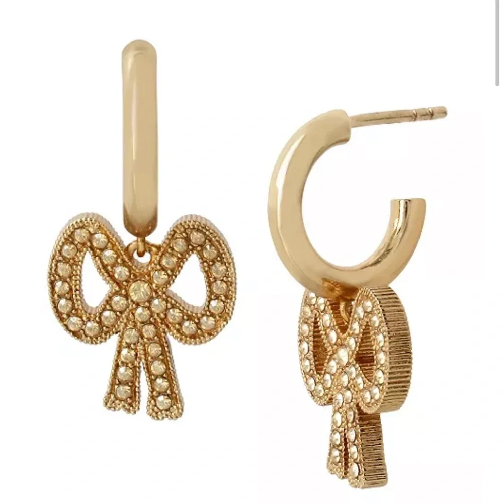 Coach Gold-tone Crystal Bow Hoop Earrings - Picture 2 of 11